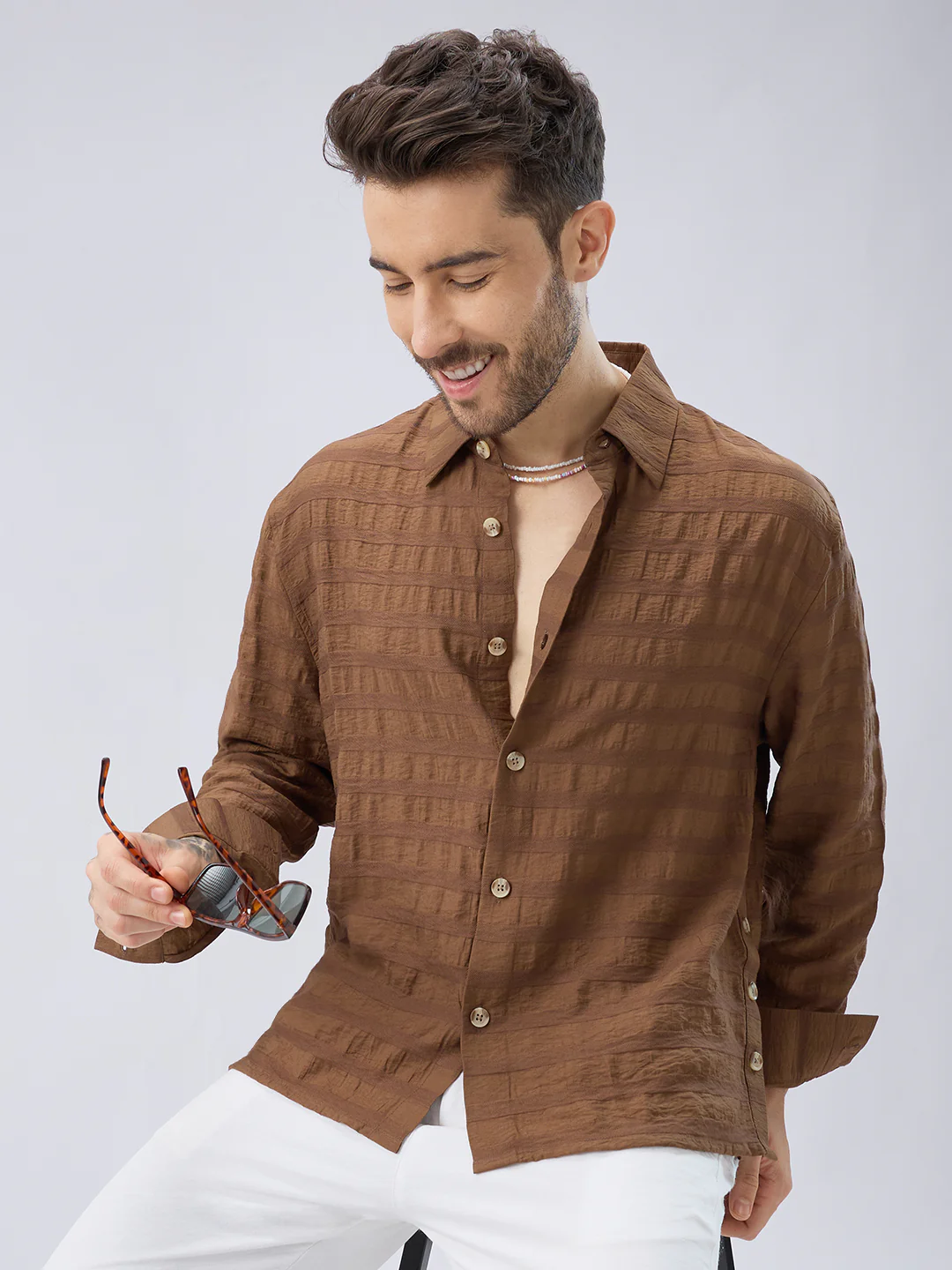 Brown Tonal Textured Side Slit Button Boxy Fit Crop Shirt - Image 4