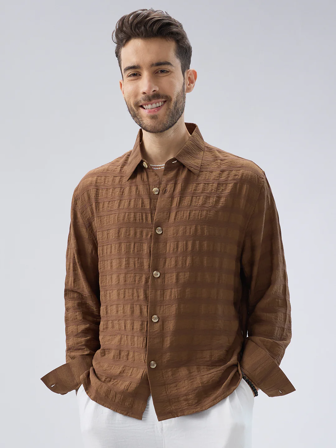 Brown Tonal Textured Side Slit Button Boxy Fit Crop Shirt - Image 5