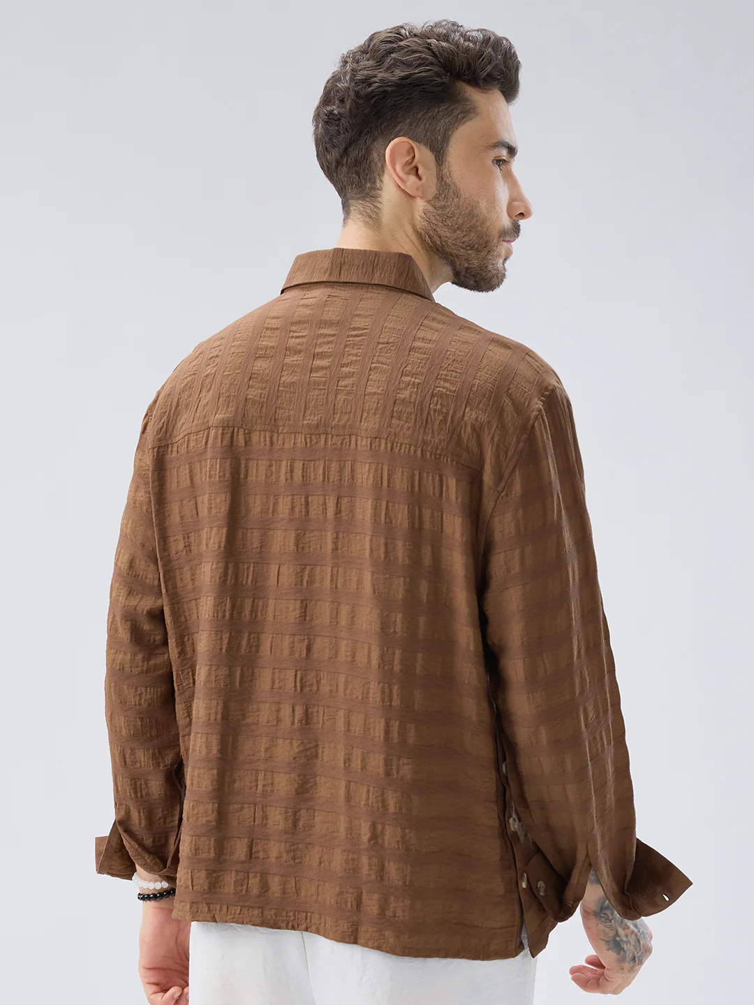 Brown Tonal Textured Side Slit Button Boxy Fit Crop Shirt - Image 7