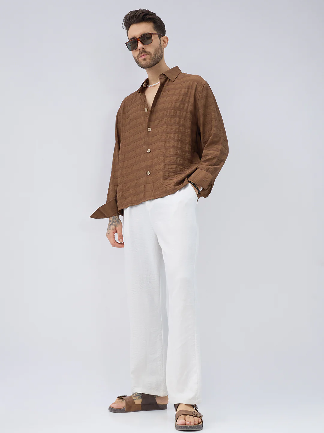 Brown Tonal Textured Side Slit Button Boxy Fit Crop Shirt - Image 8