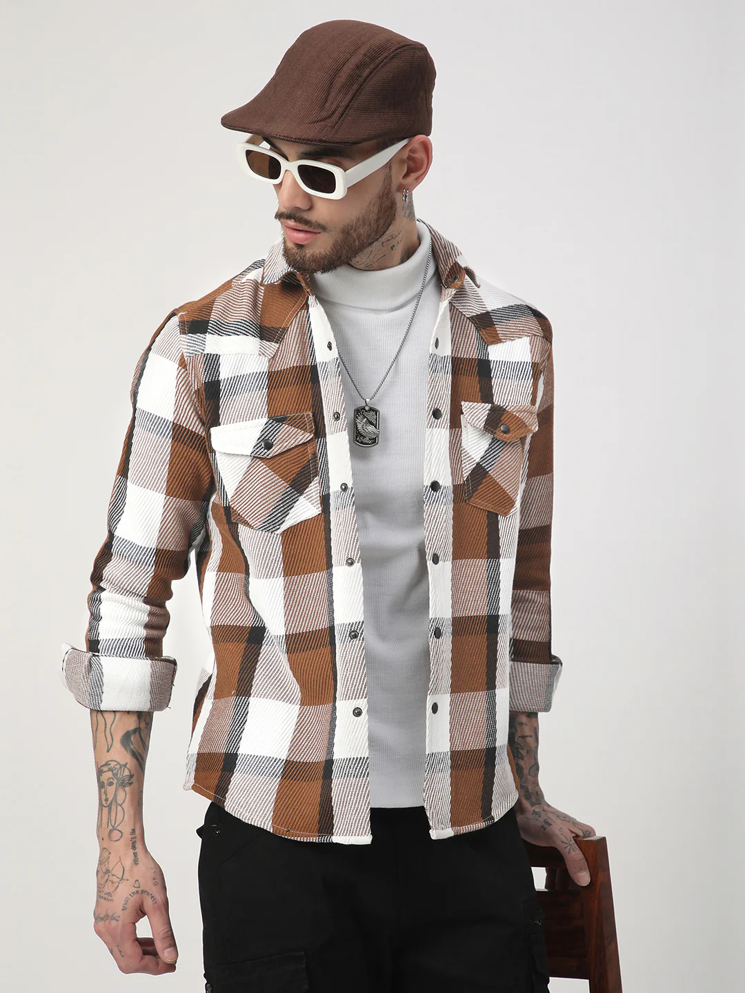 Brown & White Heavy Twill Jacquard Double Pocket Shirt - Image 2