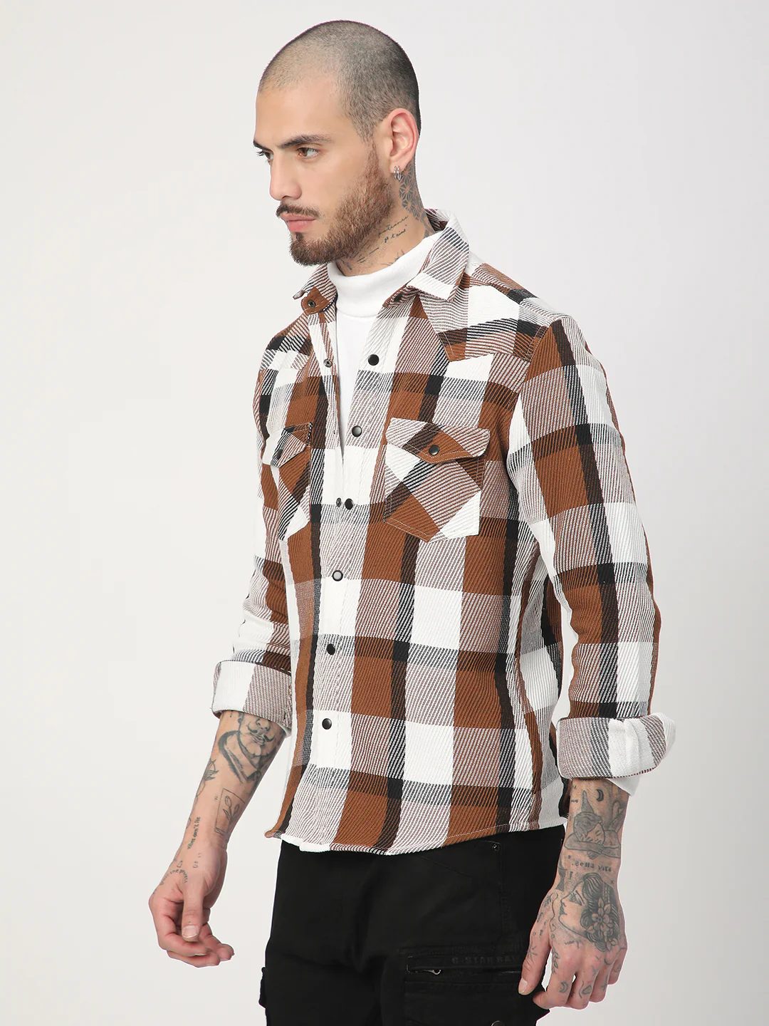 Brown & White Heavy Twill Jacquard Double Pocket Shirt - Image 6
