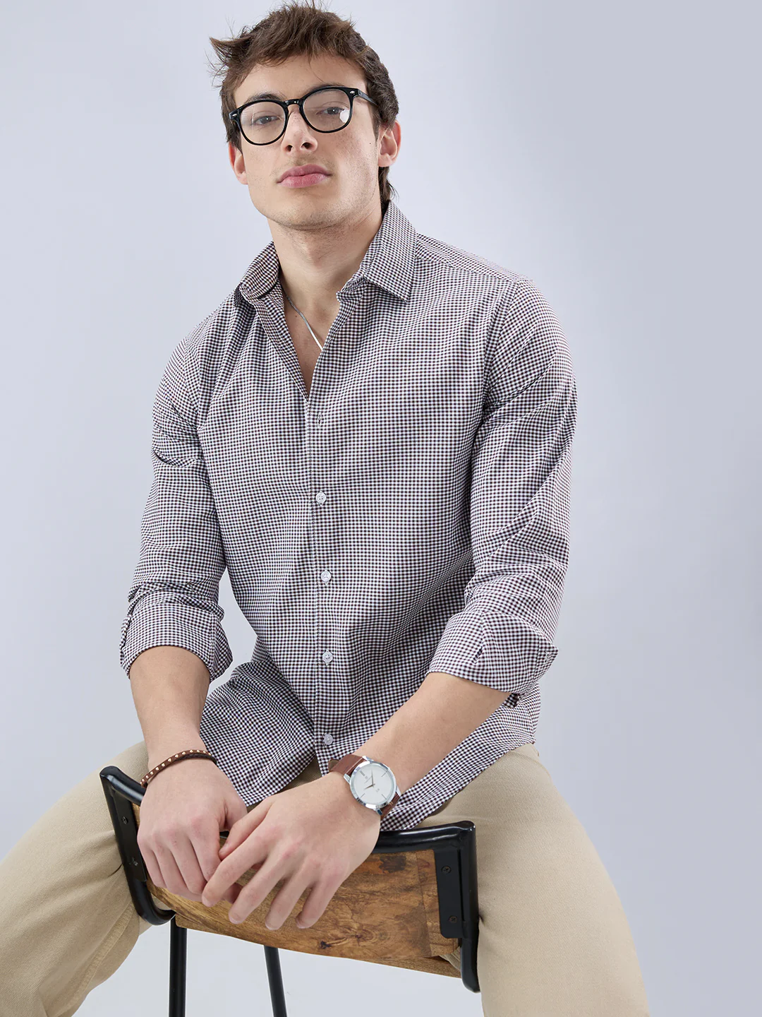 Brunette Brown & White Tiny Checkered Oxford Shirt