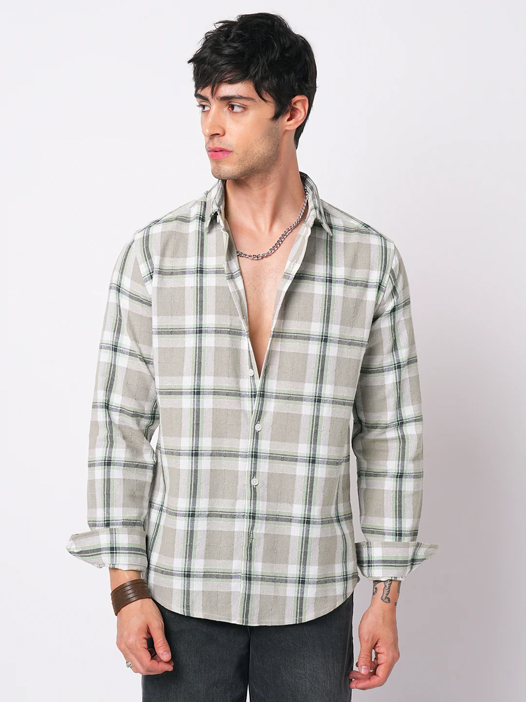 Premium Cotton Burlap Grey & Navy Plaid Checks Textured Shirt - Image 5