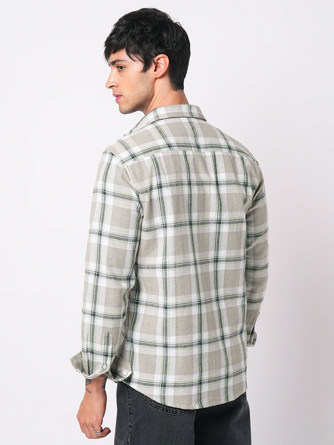 Premium Cotton Burlap Grey & Navy Plaid Checks Textured Shirt - Image 7