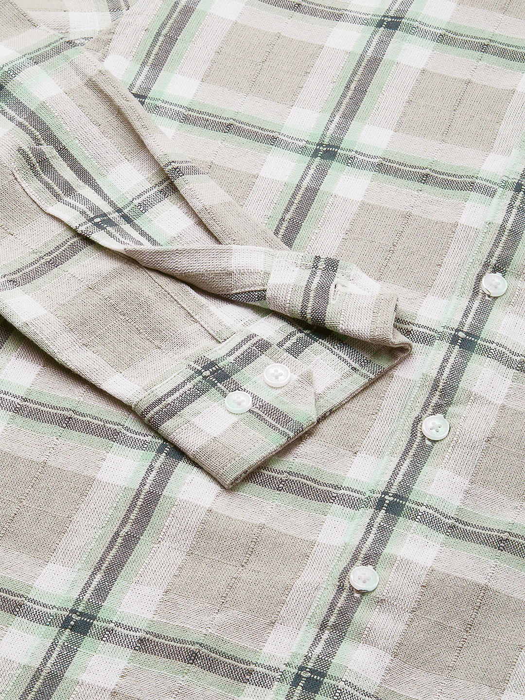 Premium Cotton Burlap Grey & Navy Plaid Checks Textured Shirt - Image 9