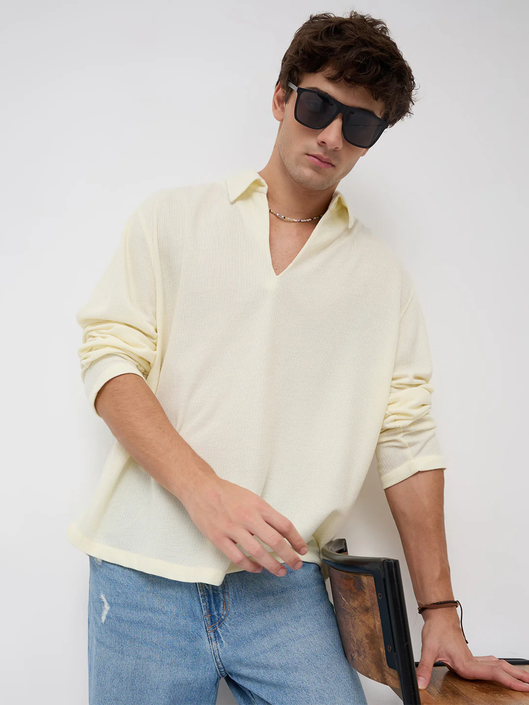 Butter Yellow Micro Weave Knitted Oversized Polo Shirt