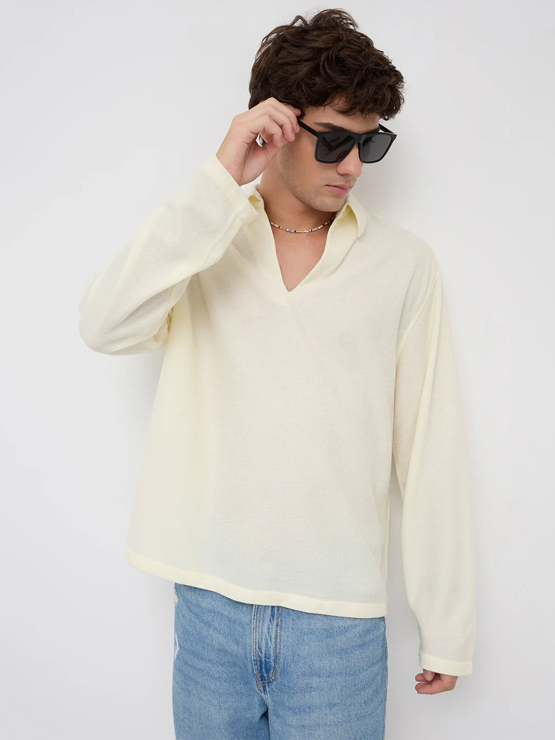 Butter Yellow Micro Weave Knitted Oversized Polo Shirt - Image 2