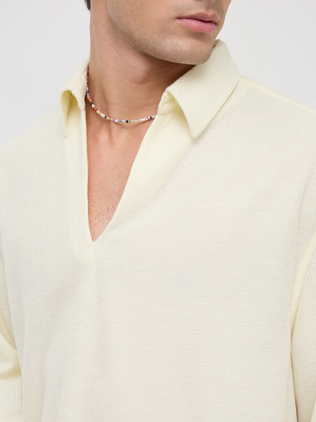 Butter Yellow Micro Weave Knitted Oversized Polo Shirt - Image 3