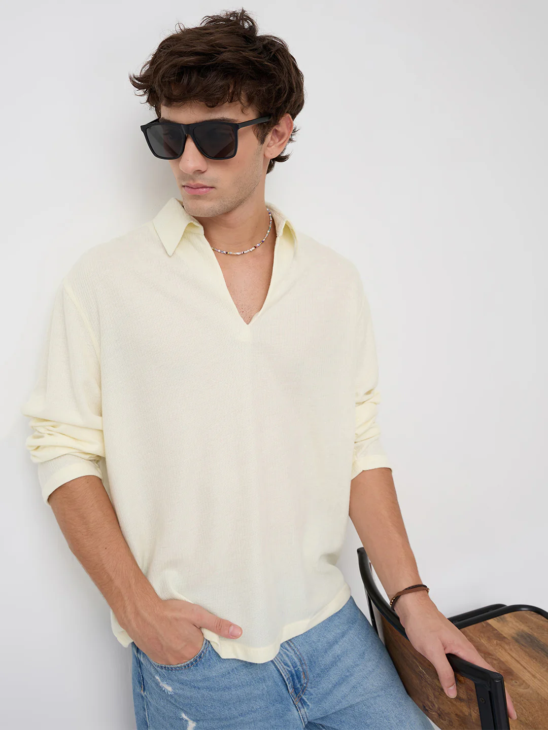 Butter Yellow Micro Weave Knitted Oversized Polo Shirt - Image 4