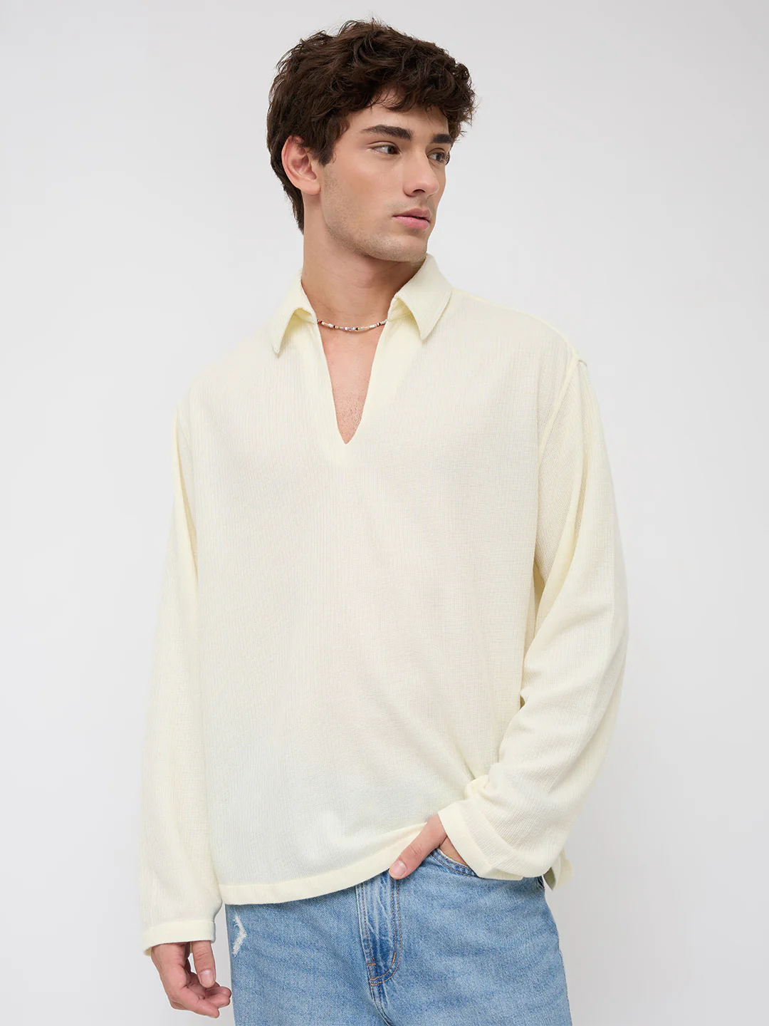 Butter Yellow Micro Weave Knitted Oversized Polo Shirt - Image 5