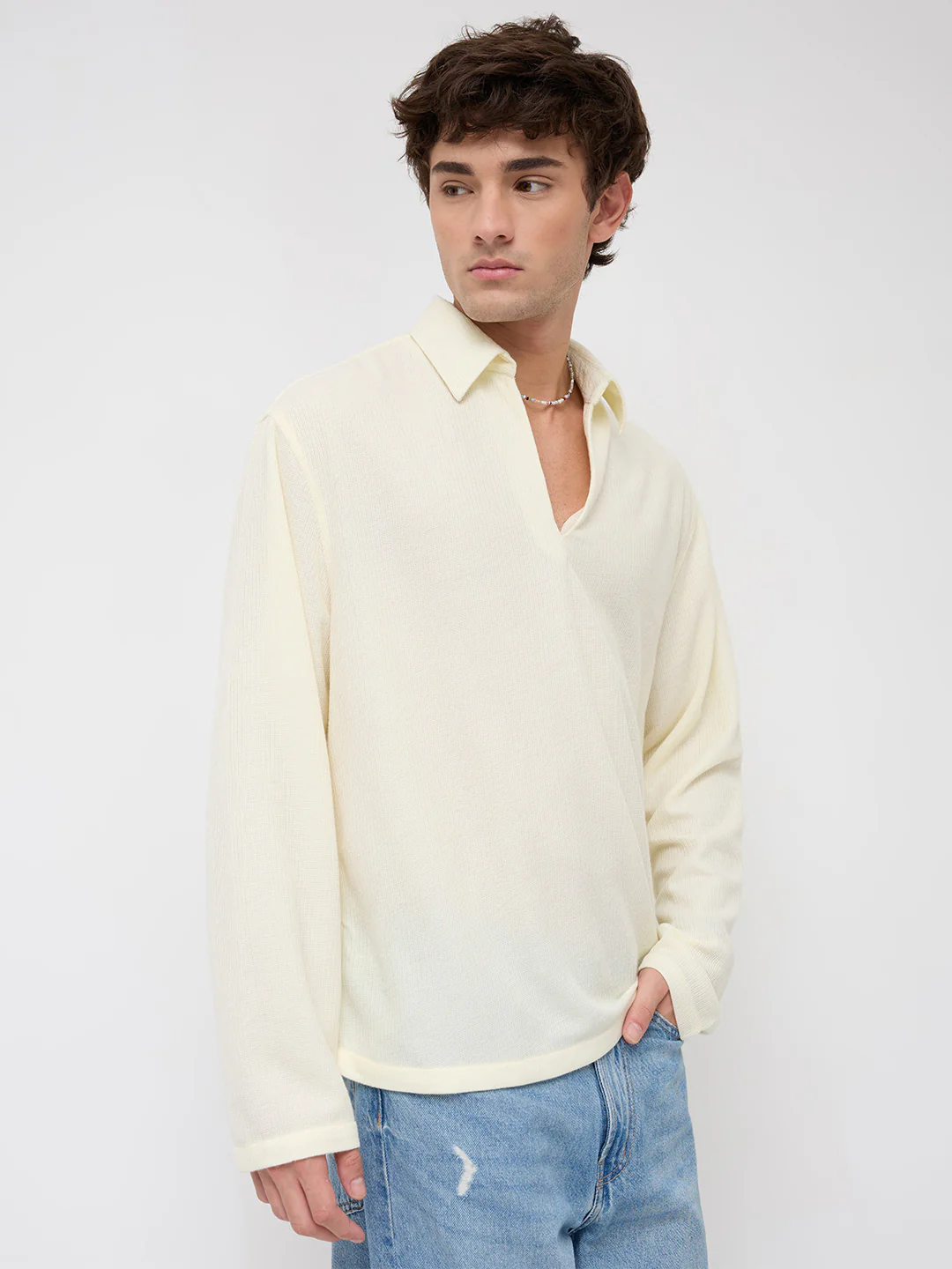 Butter Yellow Micro Weave Knitted Oversized Polo Shirt - Image 6