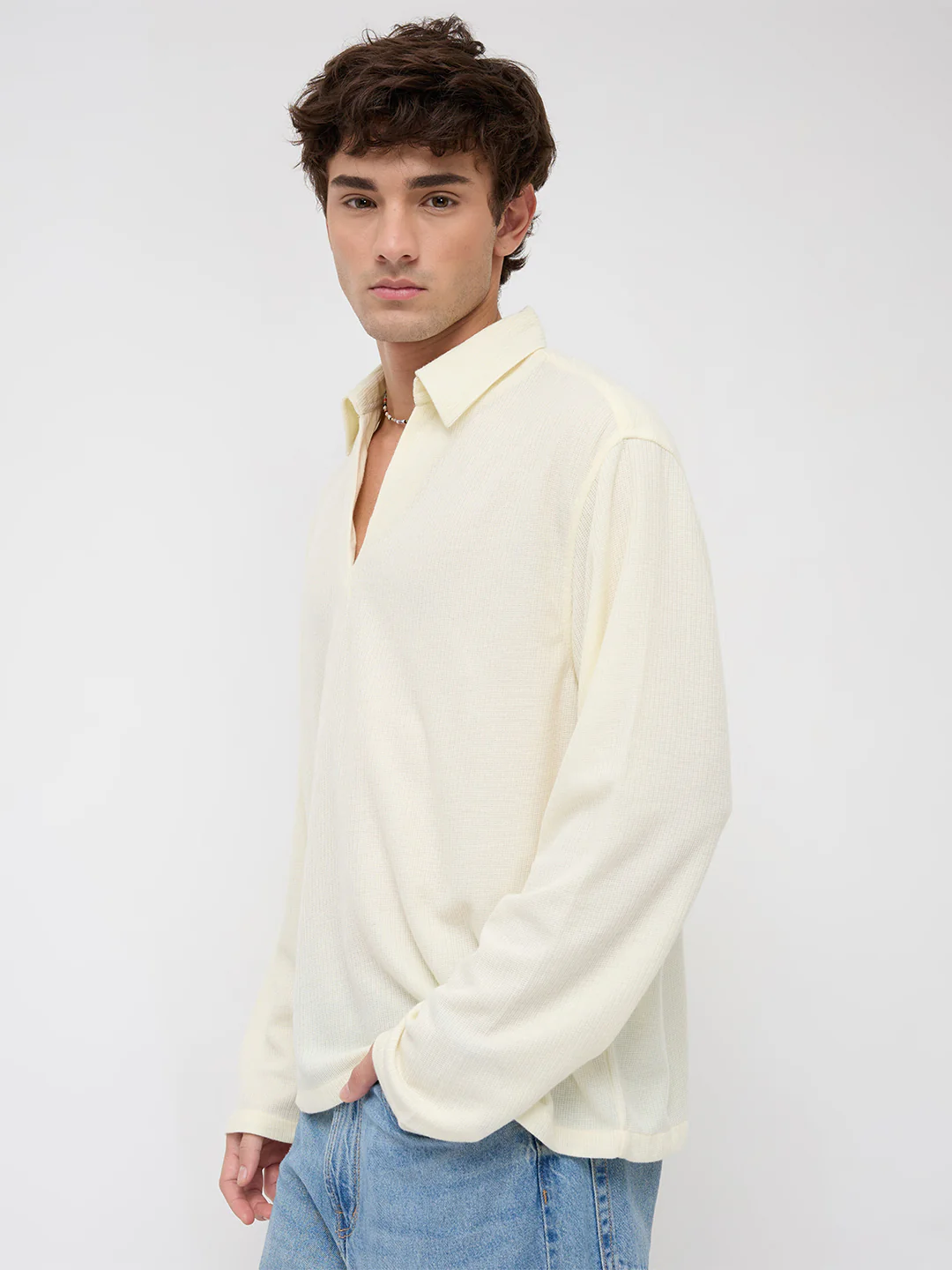 Butter Yellow Micro Weave Knitted Oversized Polo Shirt - Image 7