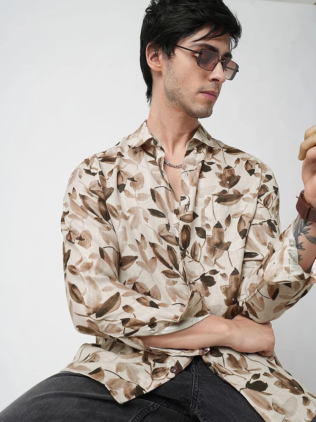 Camel Beige Artistic Floral Printed Linen Shirt - Image 2