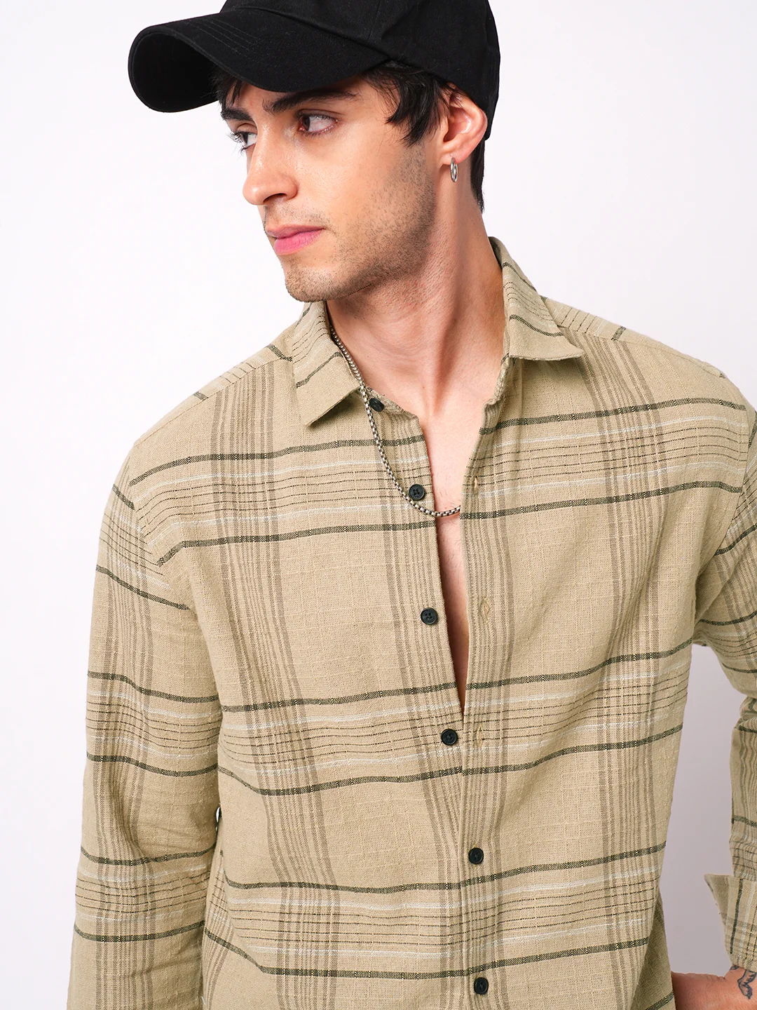 Premium Cotton Camel Beige Plaid Checks Textured Shirt - Image 2