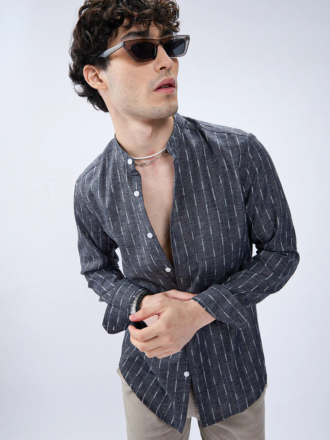 Charcoal Black Shadow-Weft Striped Mandarin Shirt