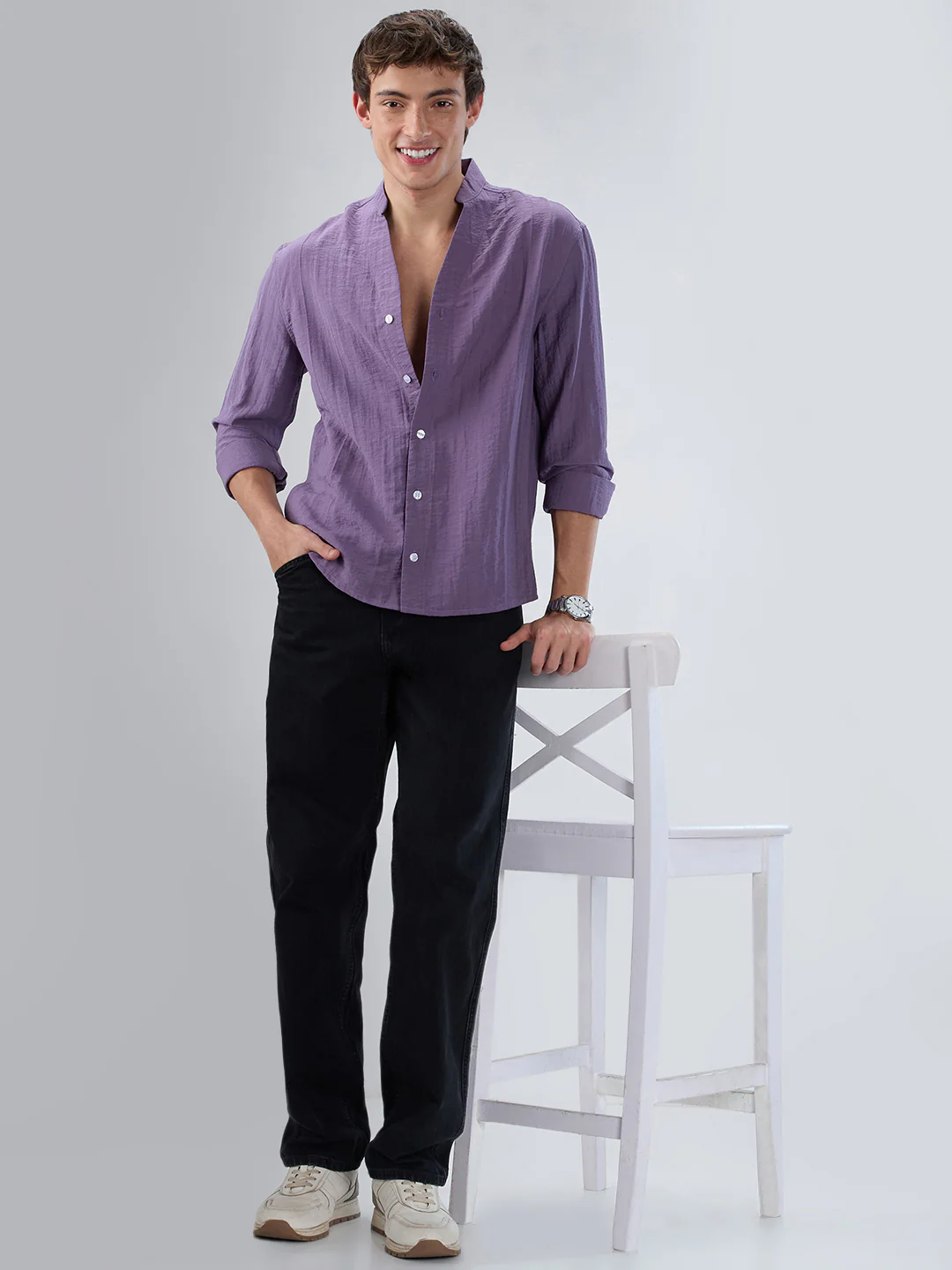 Chinese Violet Crinkled Stand Collar Oversized Shirt - Image 8
