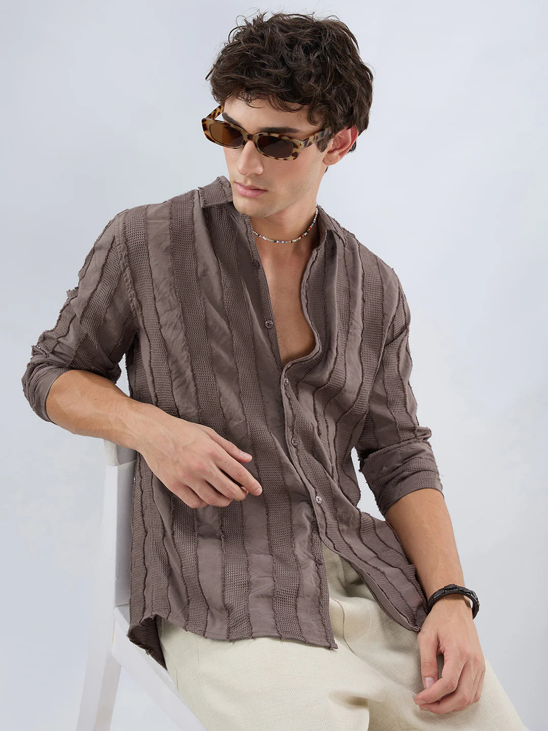 Chocolate Brown Frayed Panelled Waffle Textured Shirt
