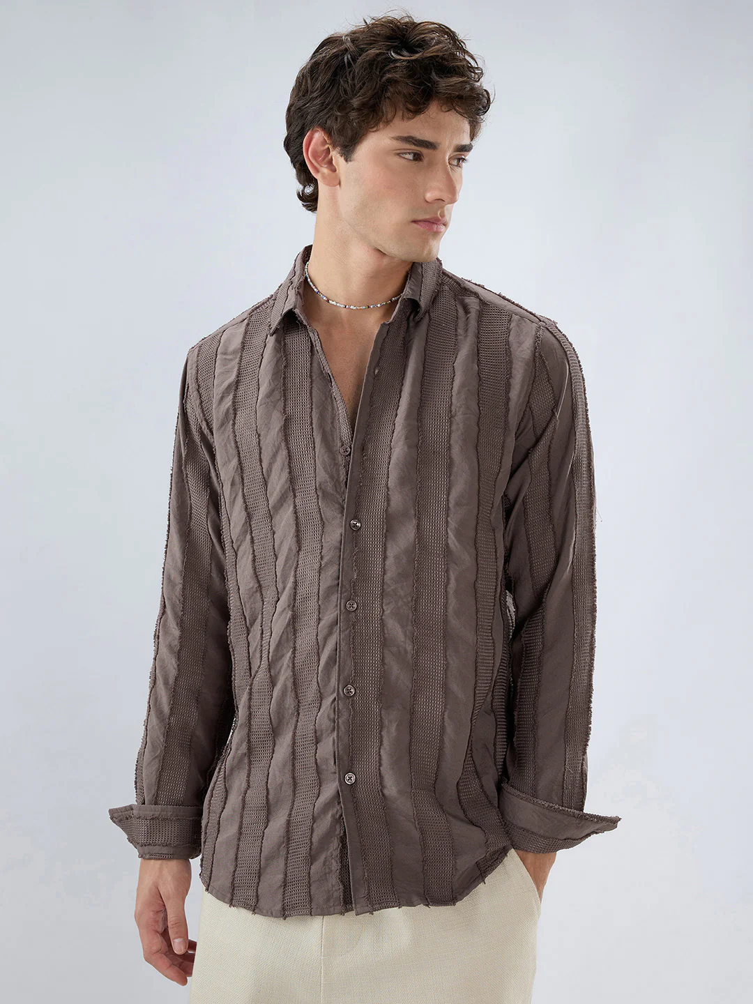 Chocolate Brown Frayed Panelled Waffle Textured Shirt - Image 5