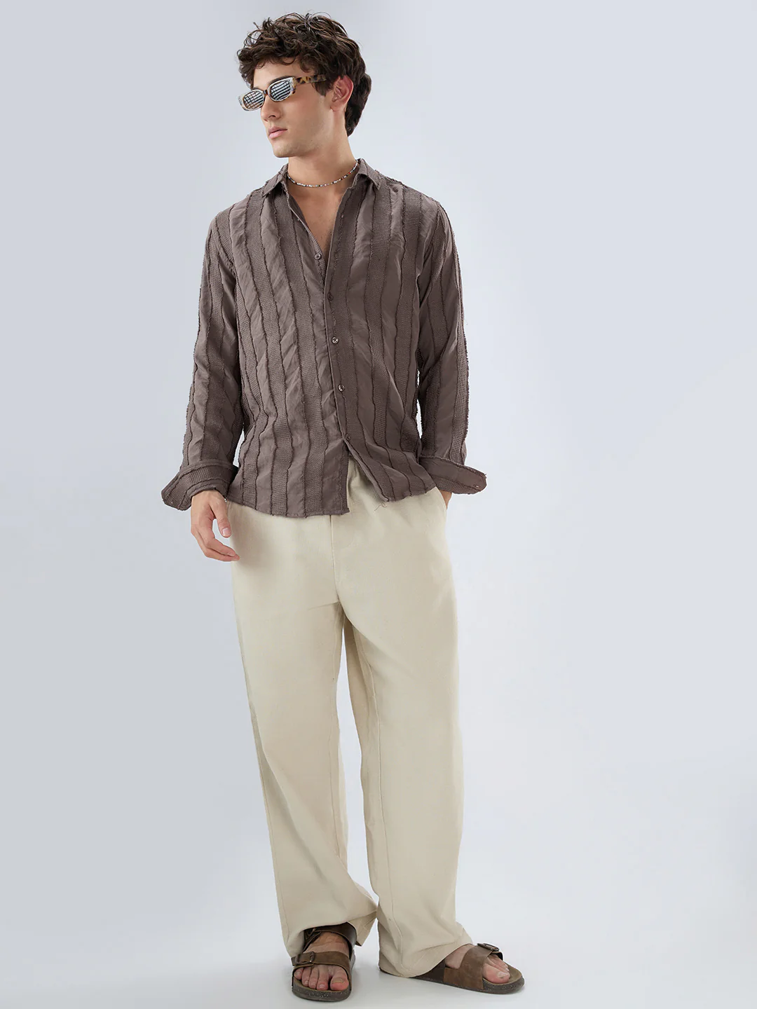 Chocolate Brown Frayed Panelled Waffle Textured Shirt - Image 8