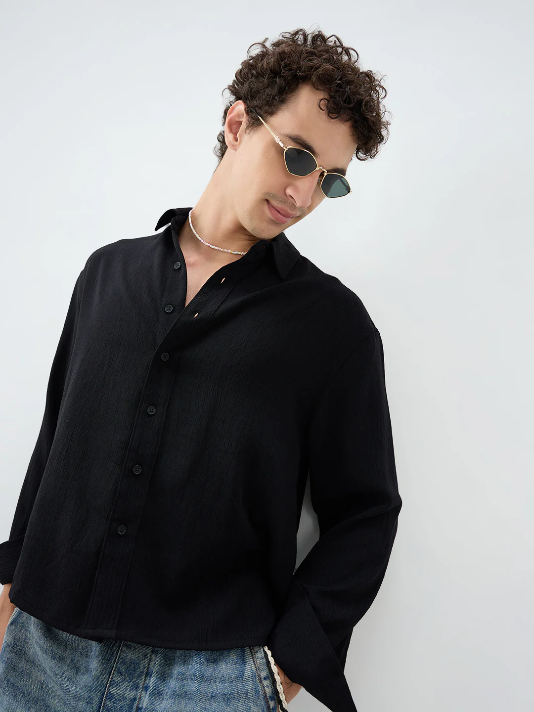 Classic Black Slub Textured Fine Weave Boxy Fit Crop Shirt - Image 2