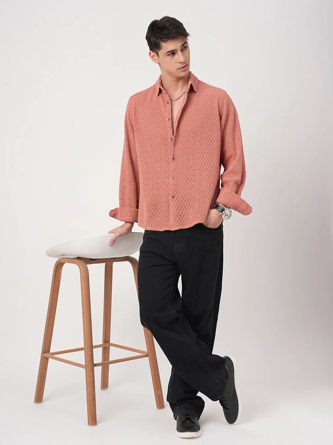 Classic Coral Crochet Cropped Shirt - Image 8