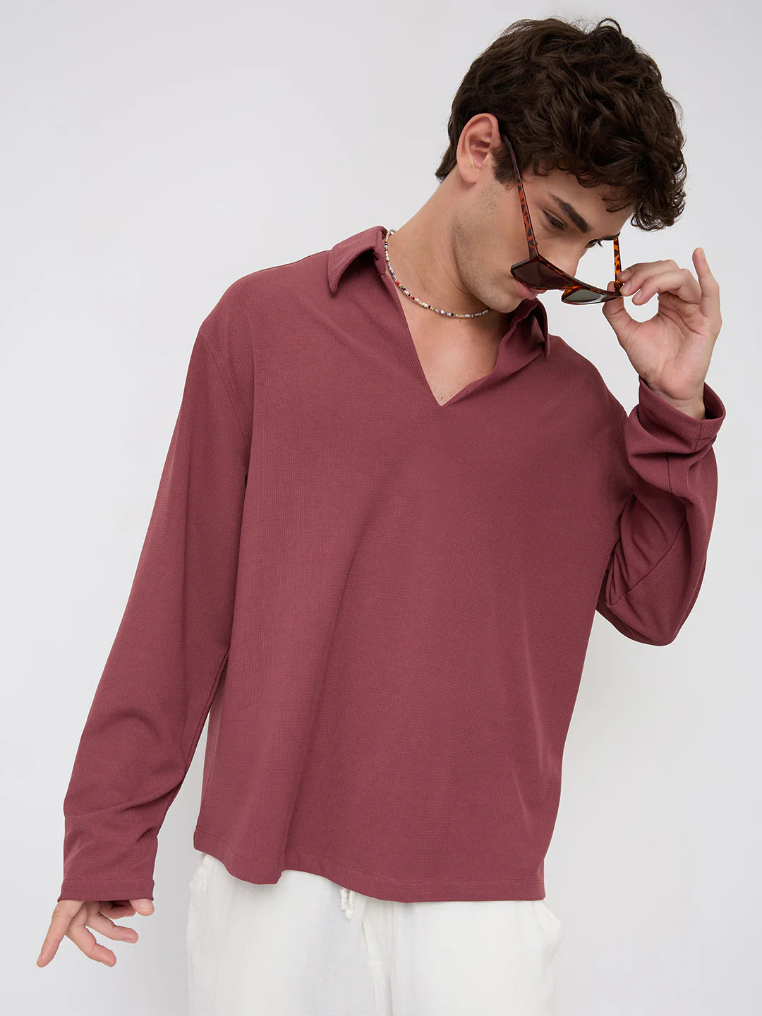 Classic Rouge Pink Oversized Knitted Polo Shirt