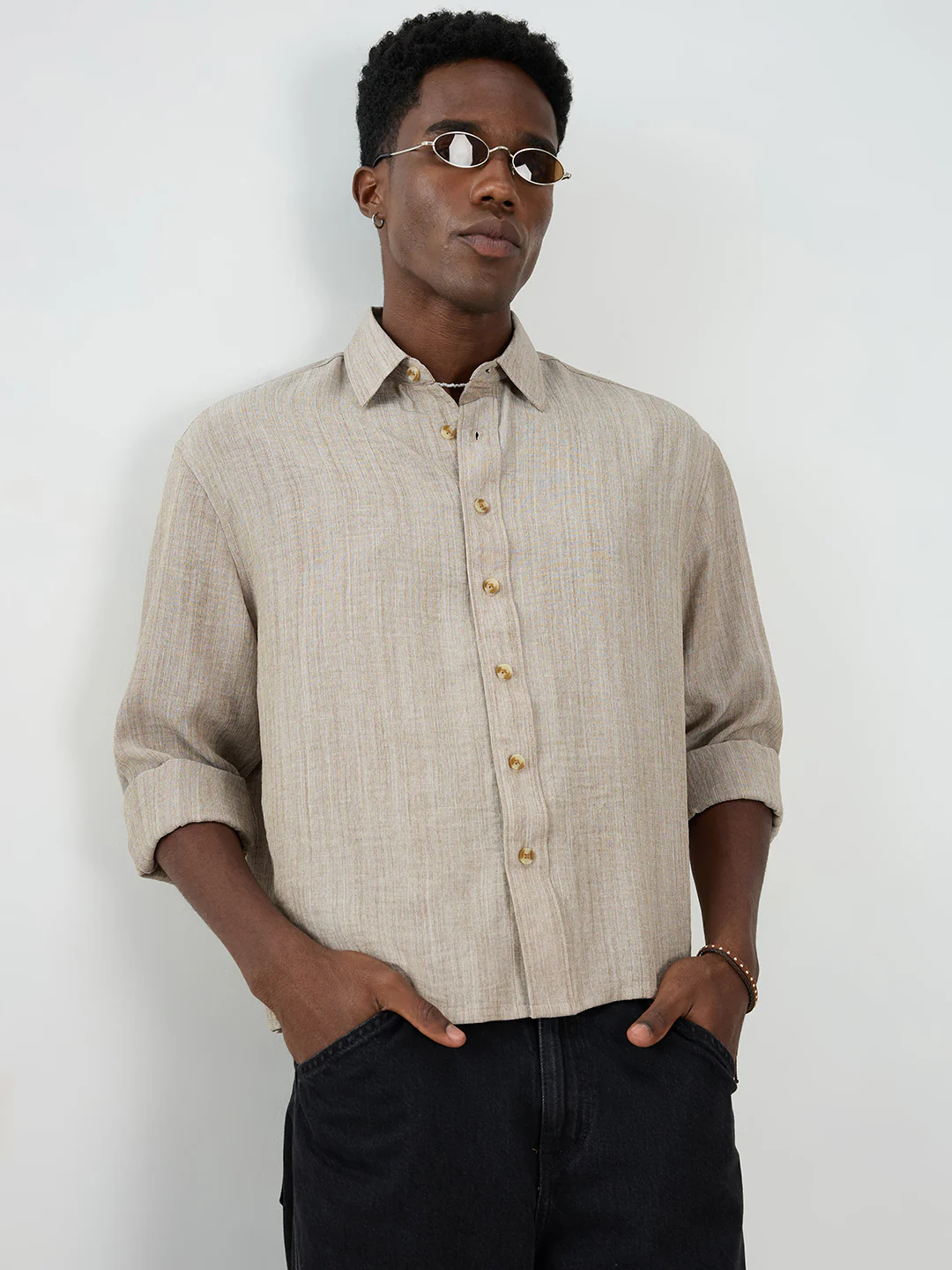 Classic Taupe Grey Textured Boxy Fit Crop Shirt - Image 4