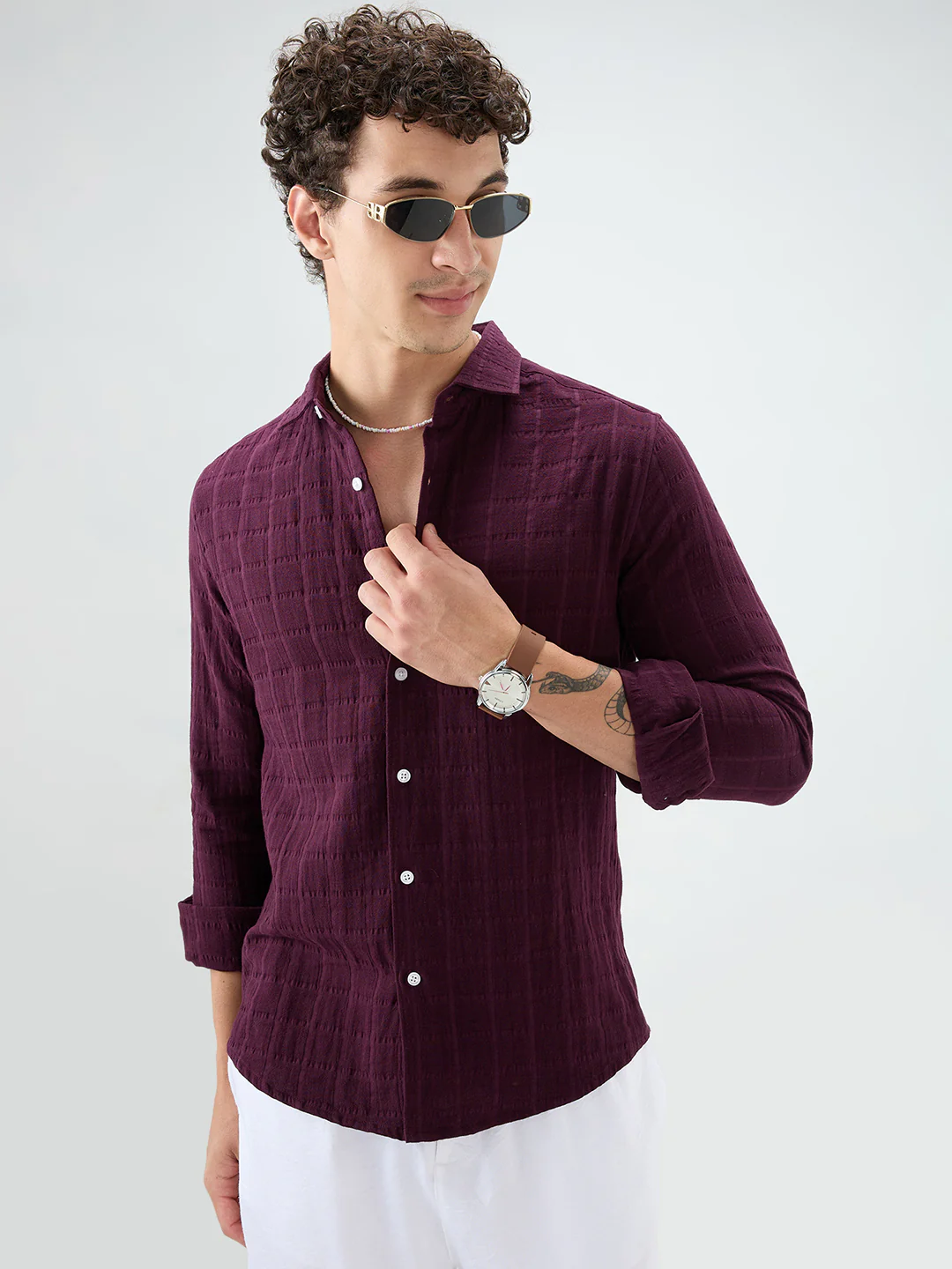 Classic Wine Double Cloth Seersucker Shirt - Image 5