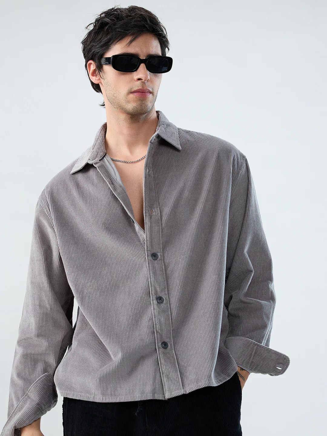 Cloud Grey Corduroy Boxy Fit Crop Shirt