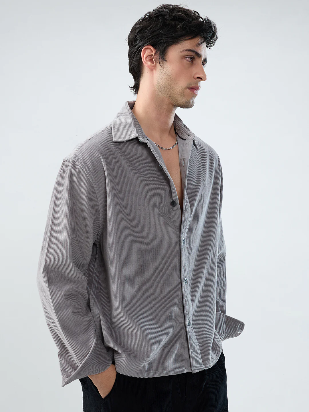 Cloud Grey Corduroy Boxy Fit Crop Shirt - Image 6