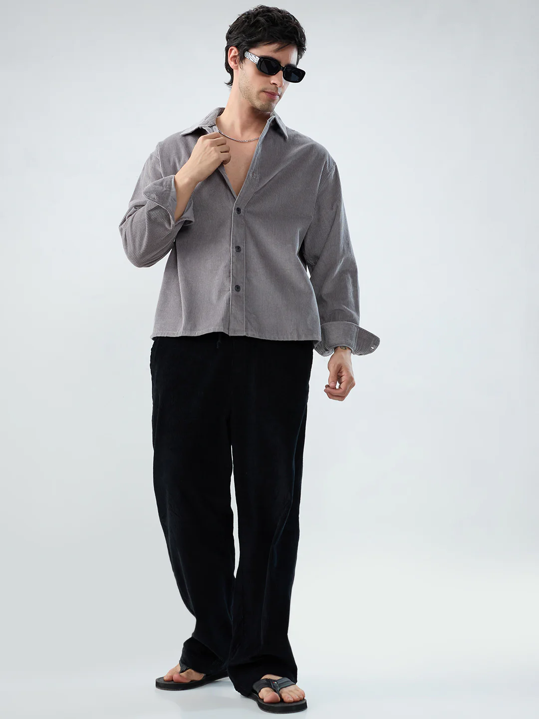 Cloud Grey Corduroy Boxy Fit Crop Shirt - Image 8