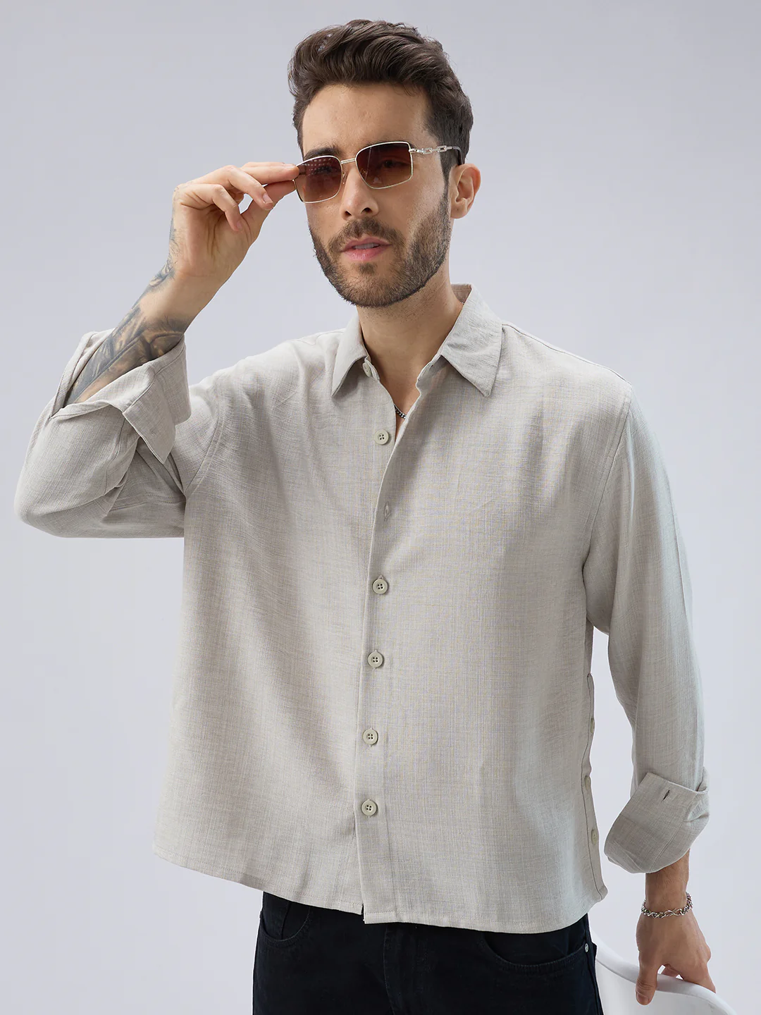 Cloud Grey Slub Textured Side-Slit Button Oversized Crop Shirt