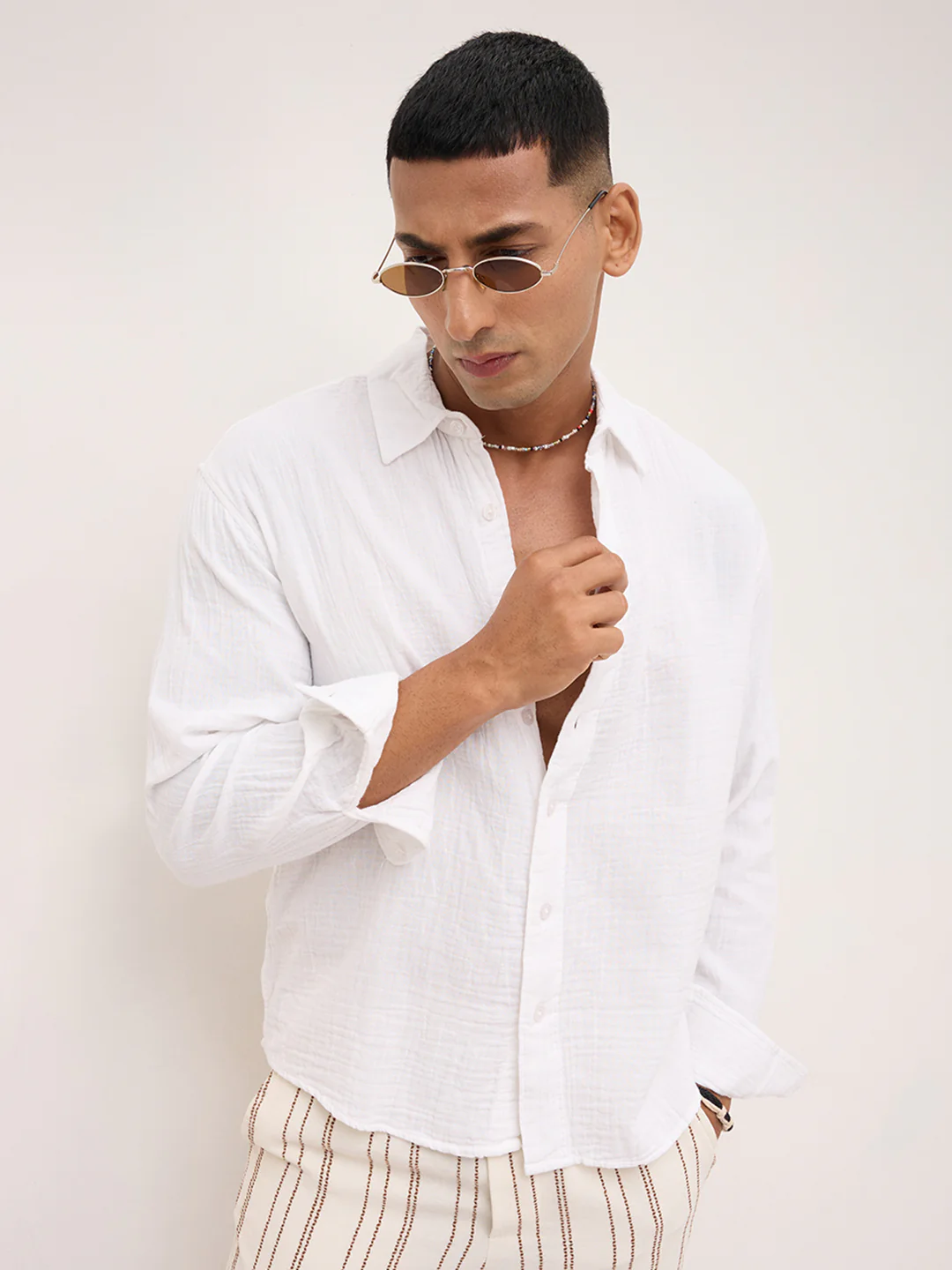 Cloud White Double Cloth Boxy Fit Crop Shirt - Image 4