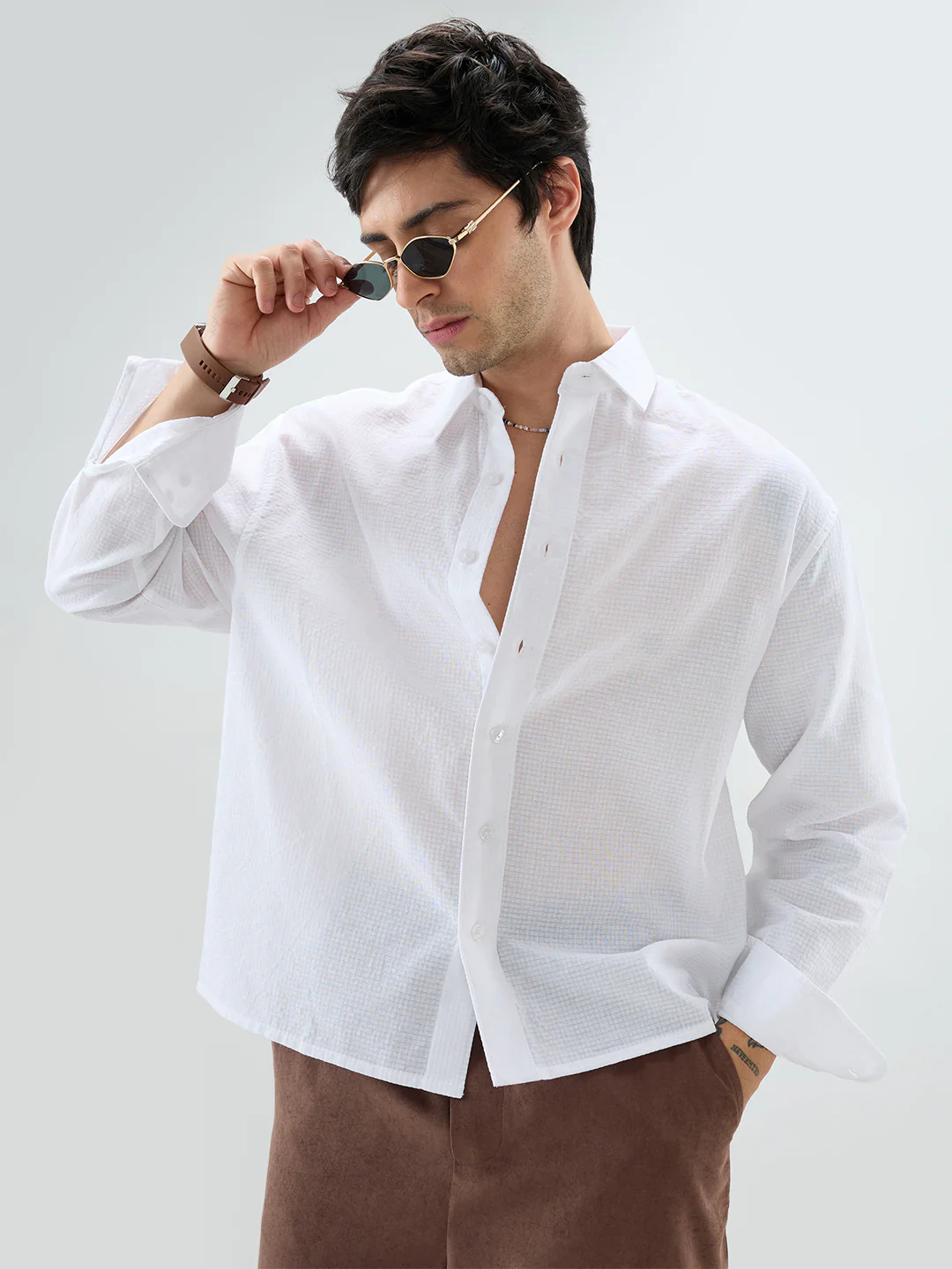 Cloud White Sheer Fine Weave Boxy Fit Crop Shirt