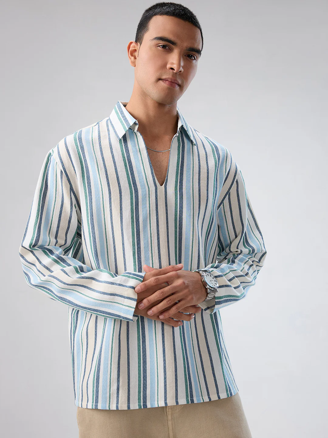 Coastal Blue Striped Oversized Polo Shirt - Image 4