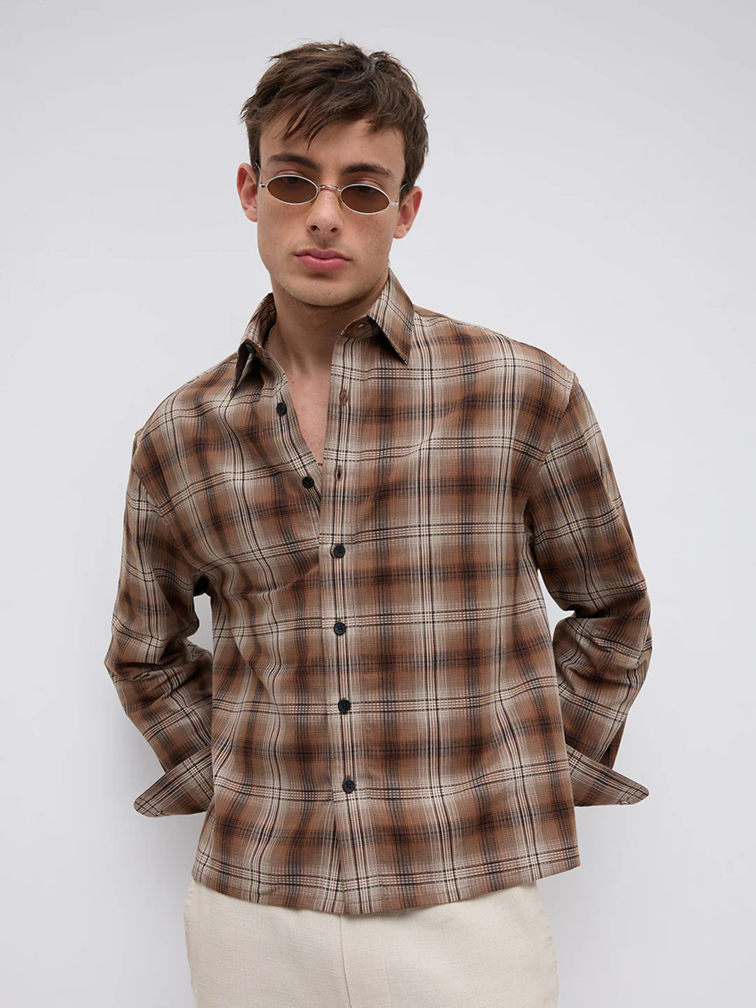 Cocoa Haze Gradient Plaid Classic Boxy Fit Crop Shirt - Image 2