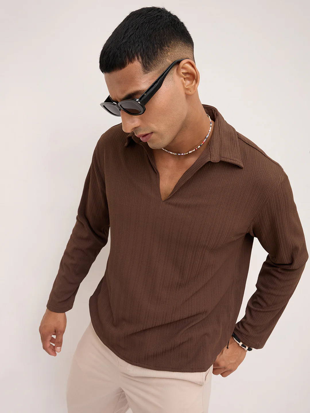 Coffee Brown Fine Weave Knitted Polo Shirt - Image 2