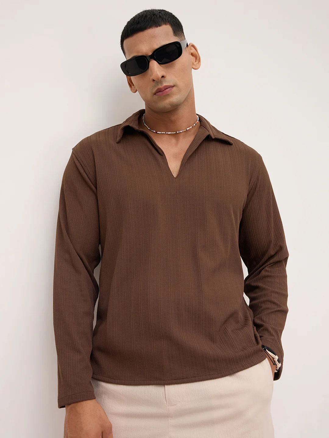 Coffee Brown Fine Weave Knitted Polo Shirt - Image 4