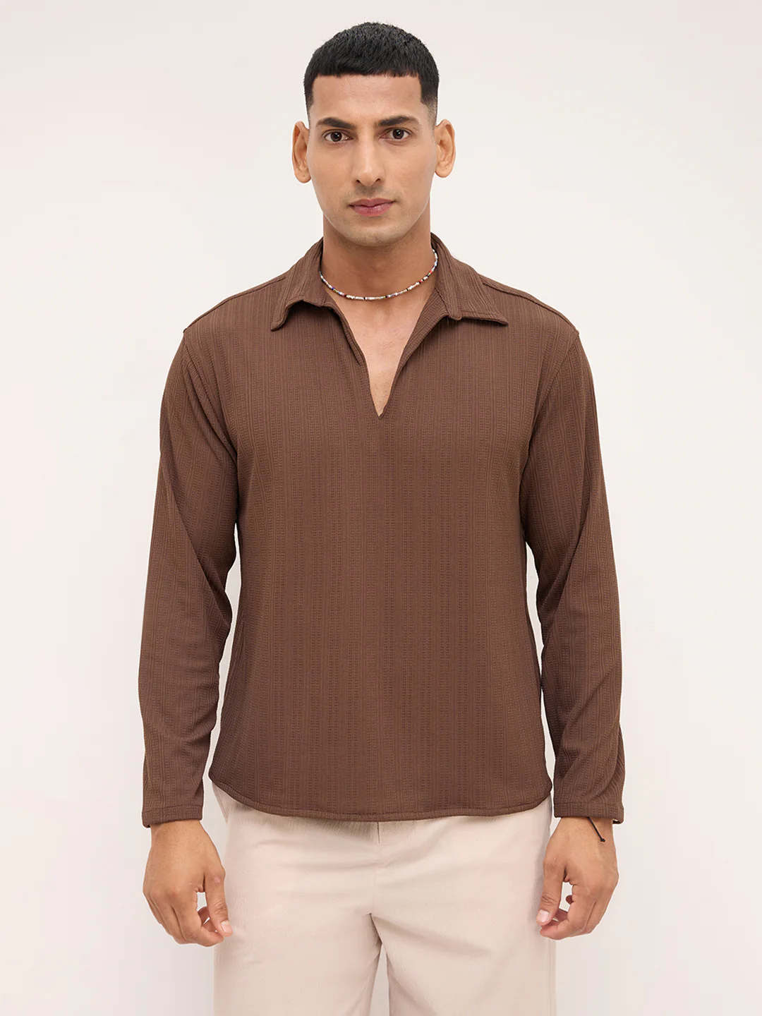 Coffee Brown Fine Weave Knitted Polo Shirt - Image 5