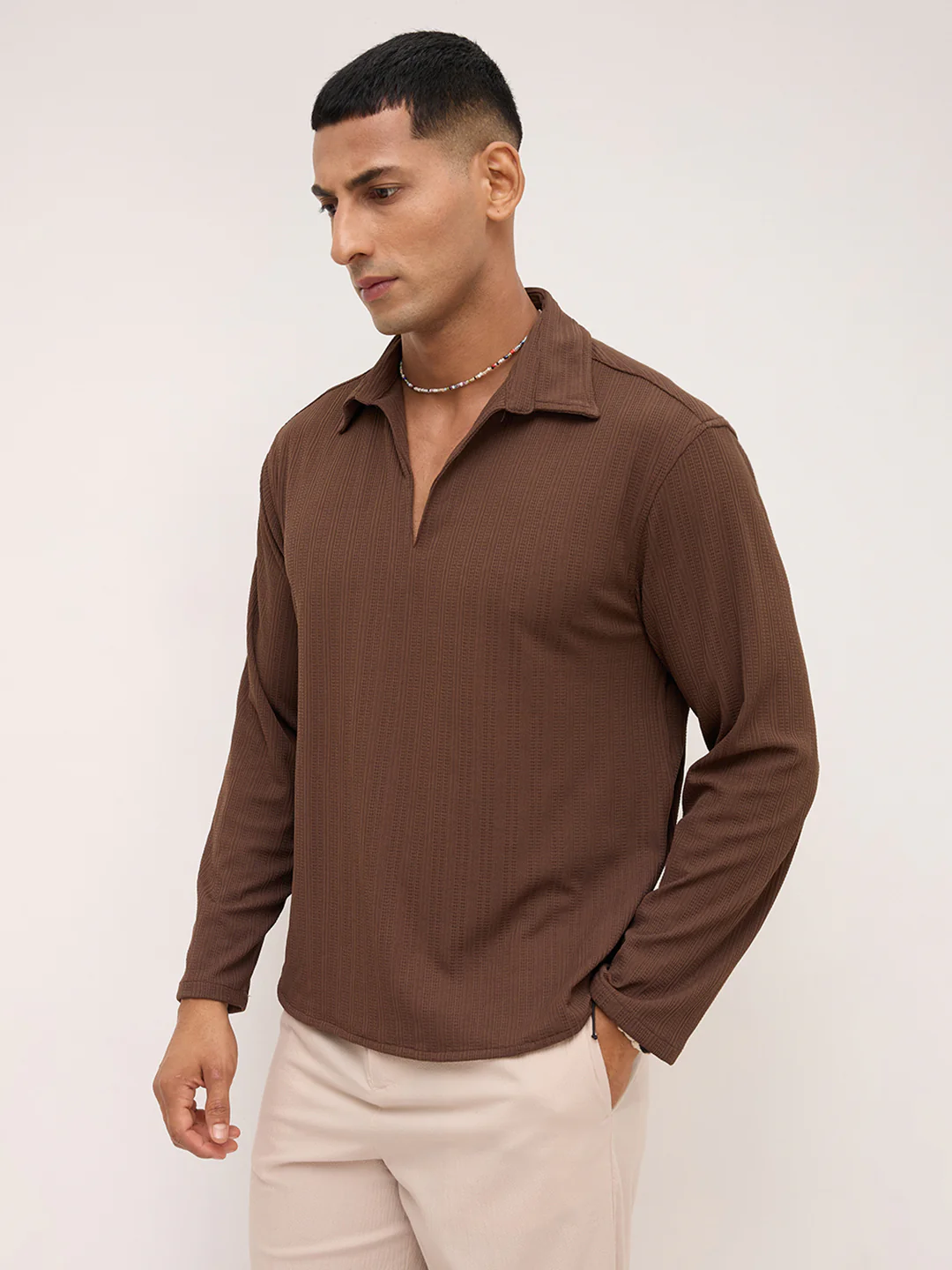 Coffee Brown Fine Weave Knitted Polo Shirt - Image 6