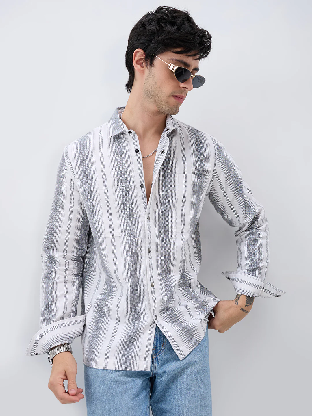 Contrast Echo Grey Stripscape Double Pocket Overshirt