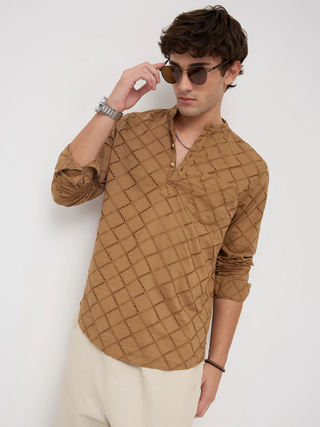 Copper Brown Diamond Schiffli Kurta