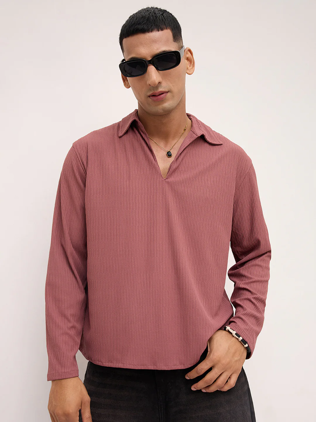Cordovan Maroon Striped Oversized Polo Knit Shirt - Image 2