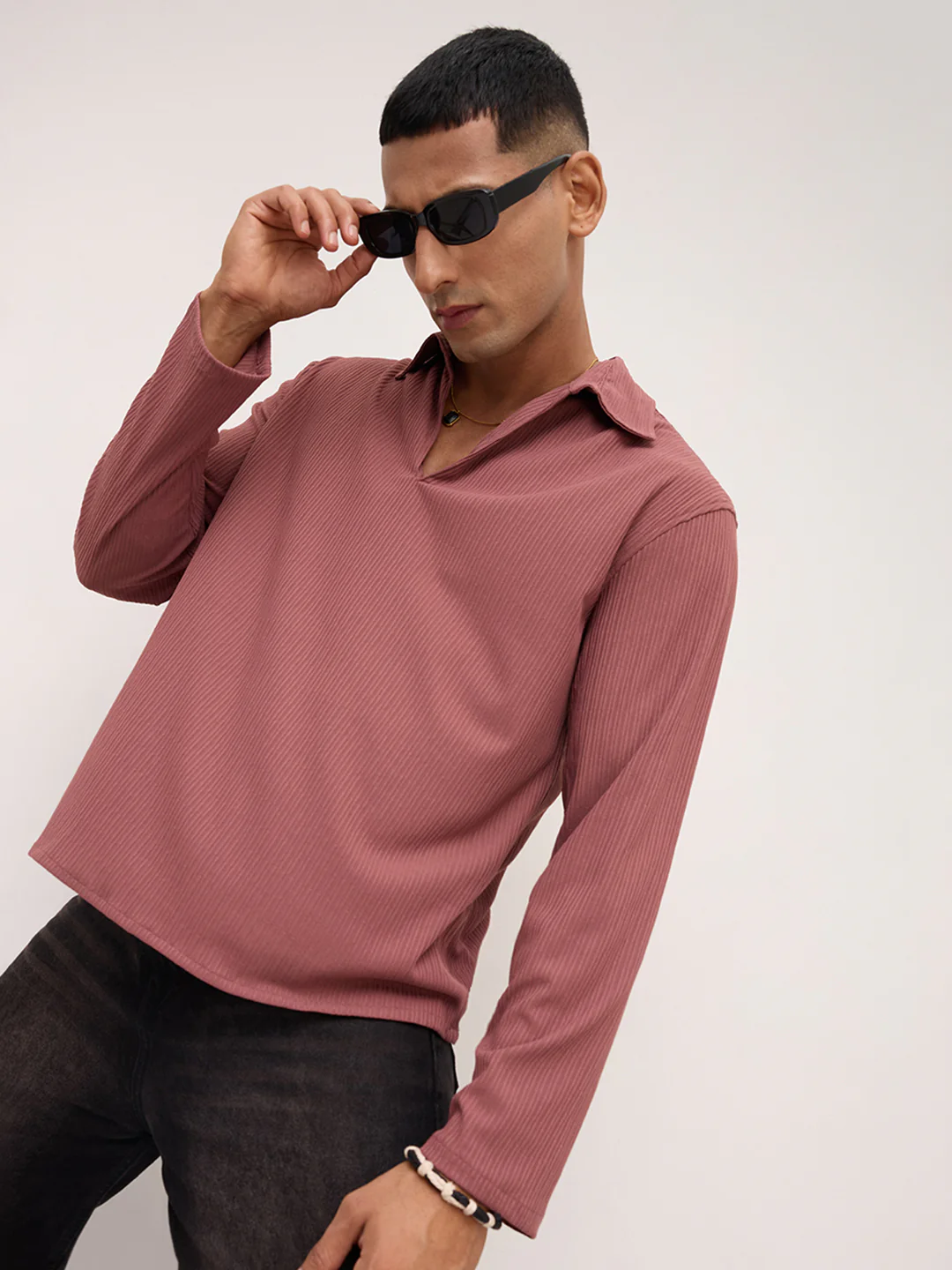 Cordovan Maroon Striped Oversized Polo Knit Shirt - Image 4