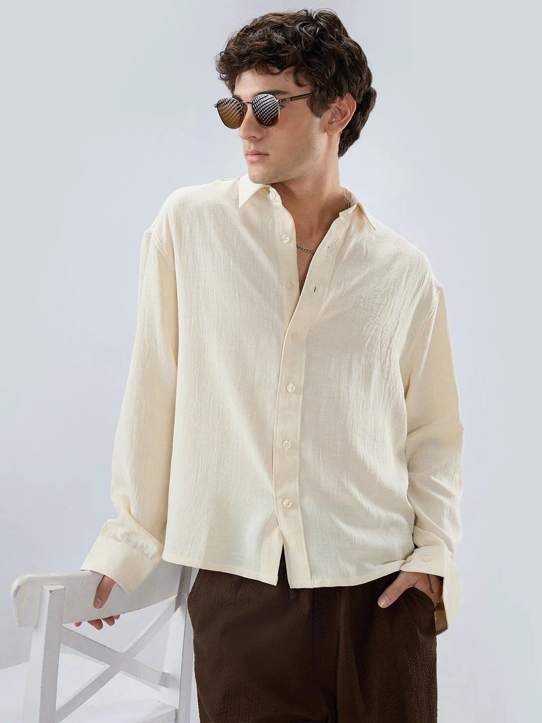 Cream Breeze Minimal Textured Boxy Fit Crop Shirt