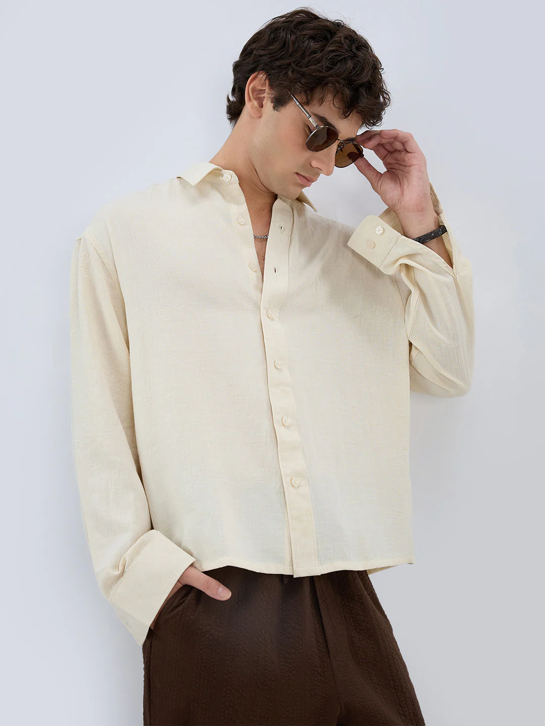 Cream Breeze Minimal Textured Boxy Fit Crop Shirt - Image 2