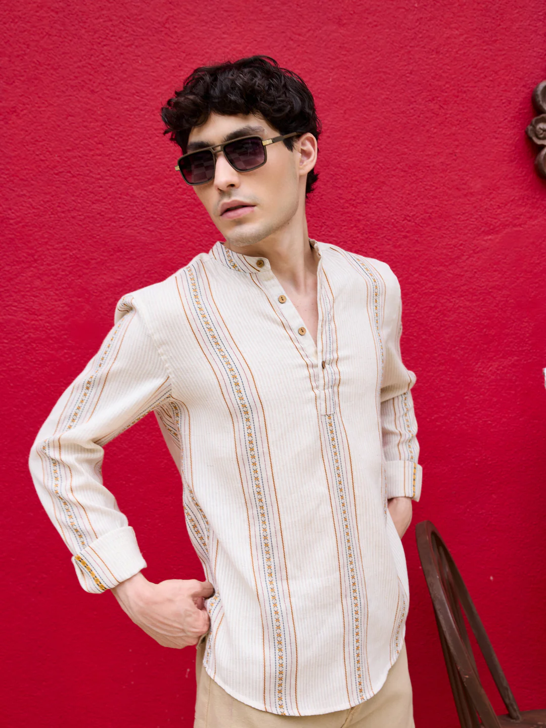 Cream Embroidered Striped Linen Kurta - Image 2