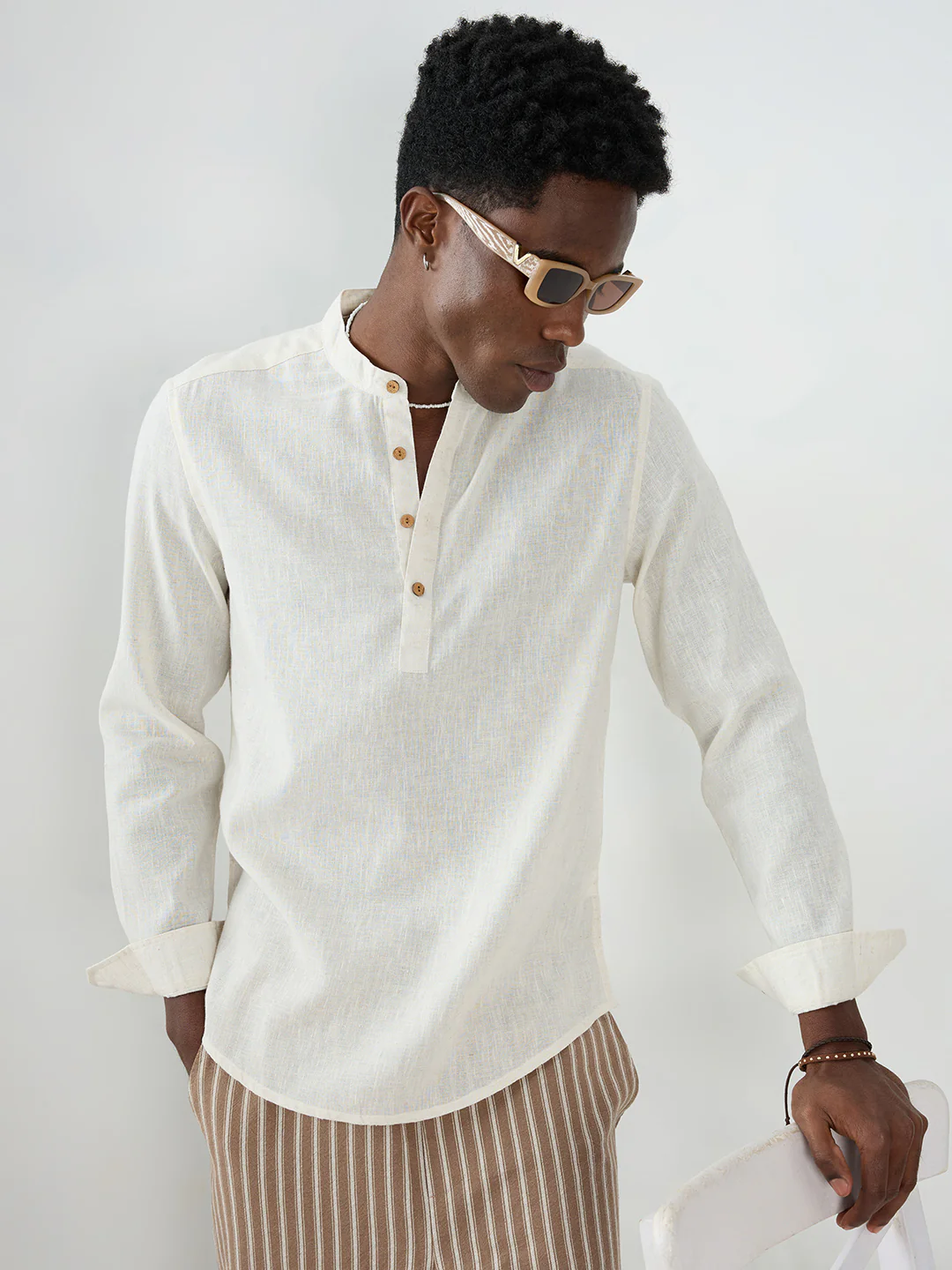 Cream Fine Slub Textured Sheer Kurta