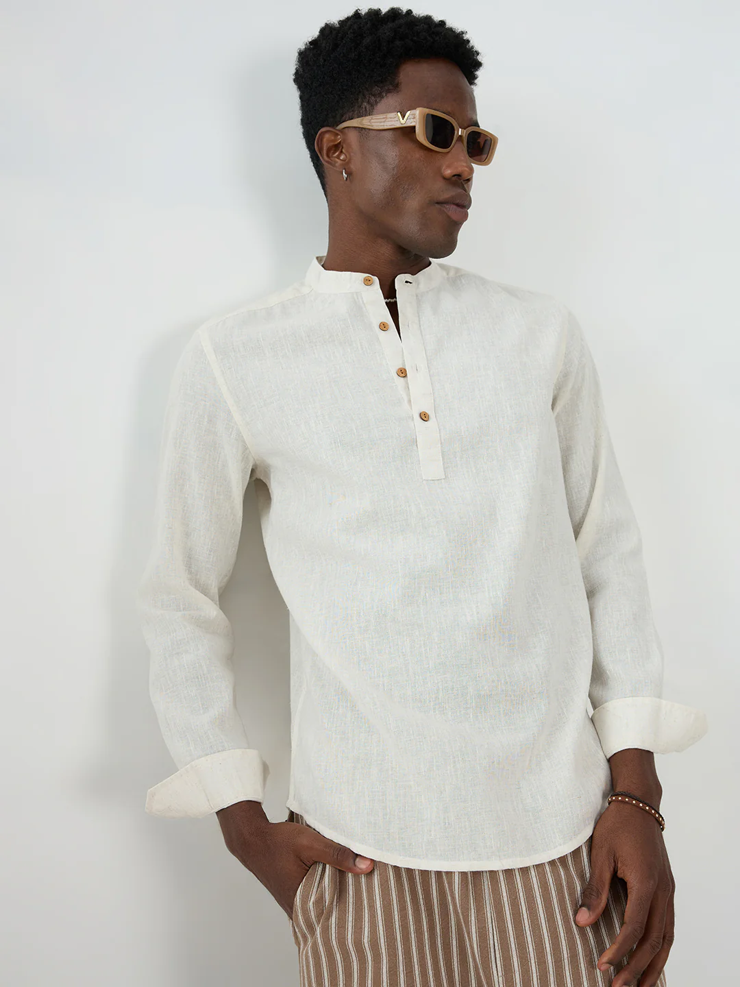 Cream Fine Slub Textured Sheer Kurta - Image 4